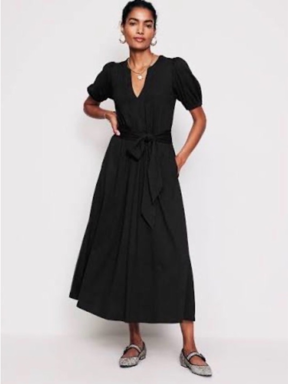 Boden Black V-Neck Tie-Waist Midi Dress